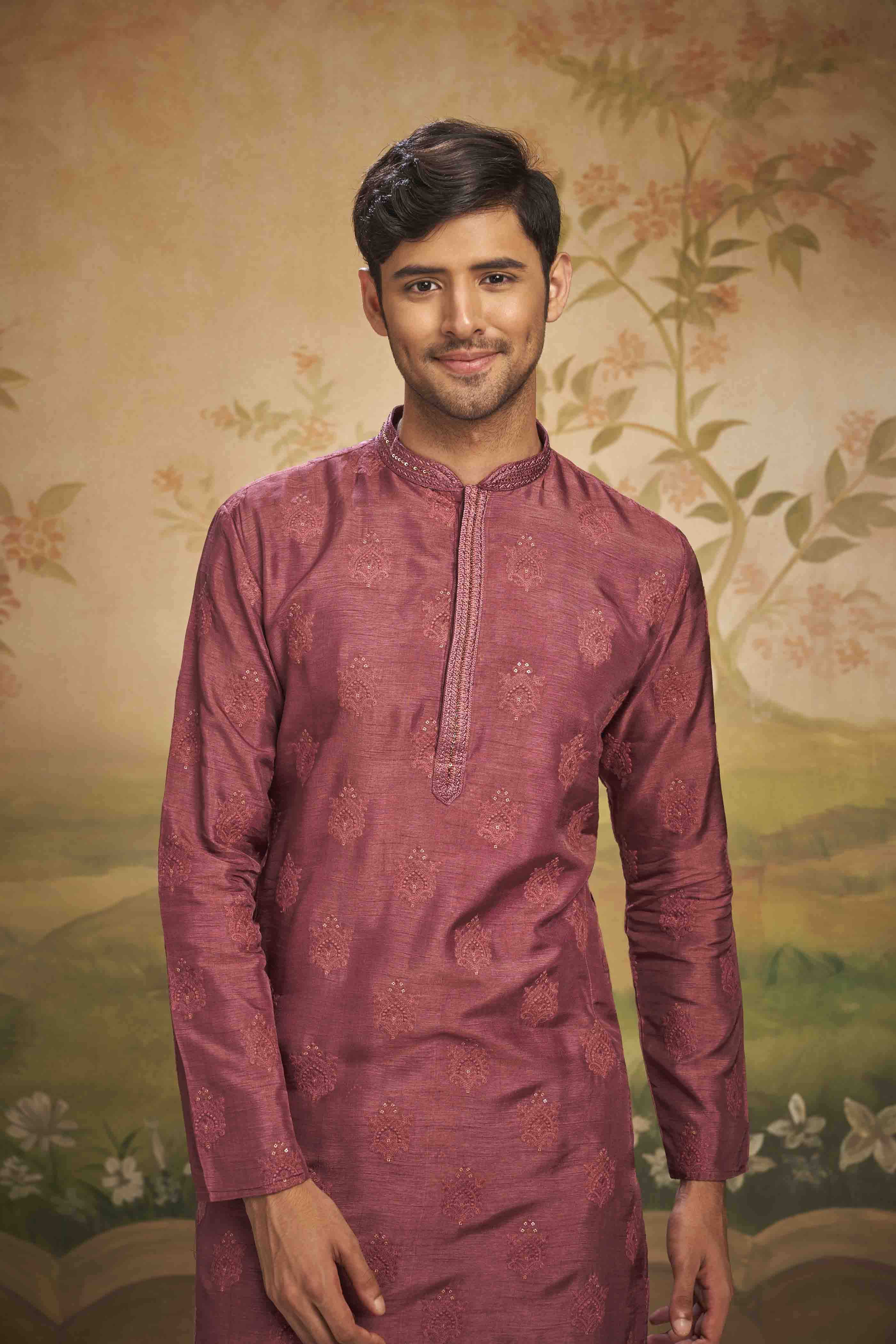 Wine Motif Embroidered Kurta